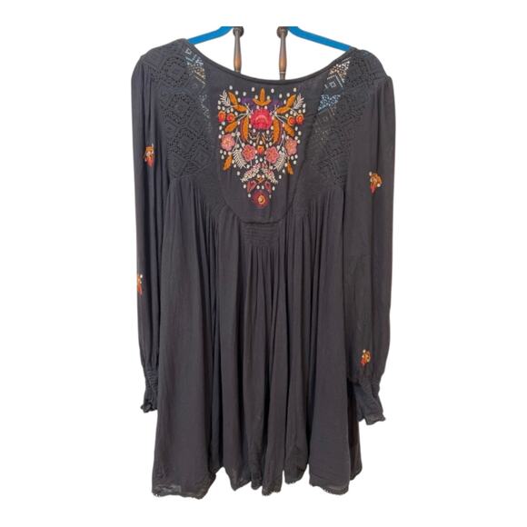 Free People Mohave Embroidered Mini Dress Black sz Large - Picture 1 of 7